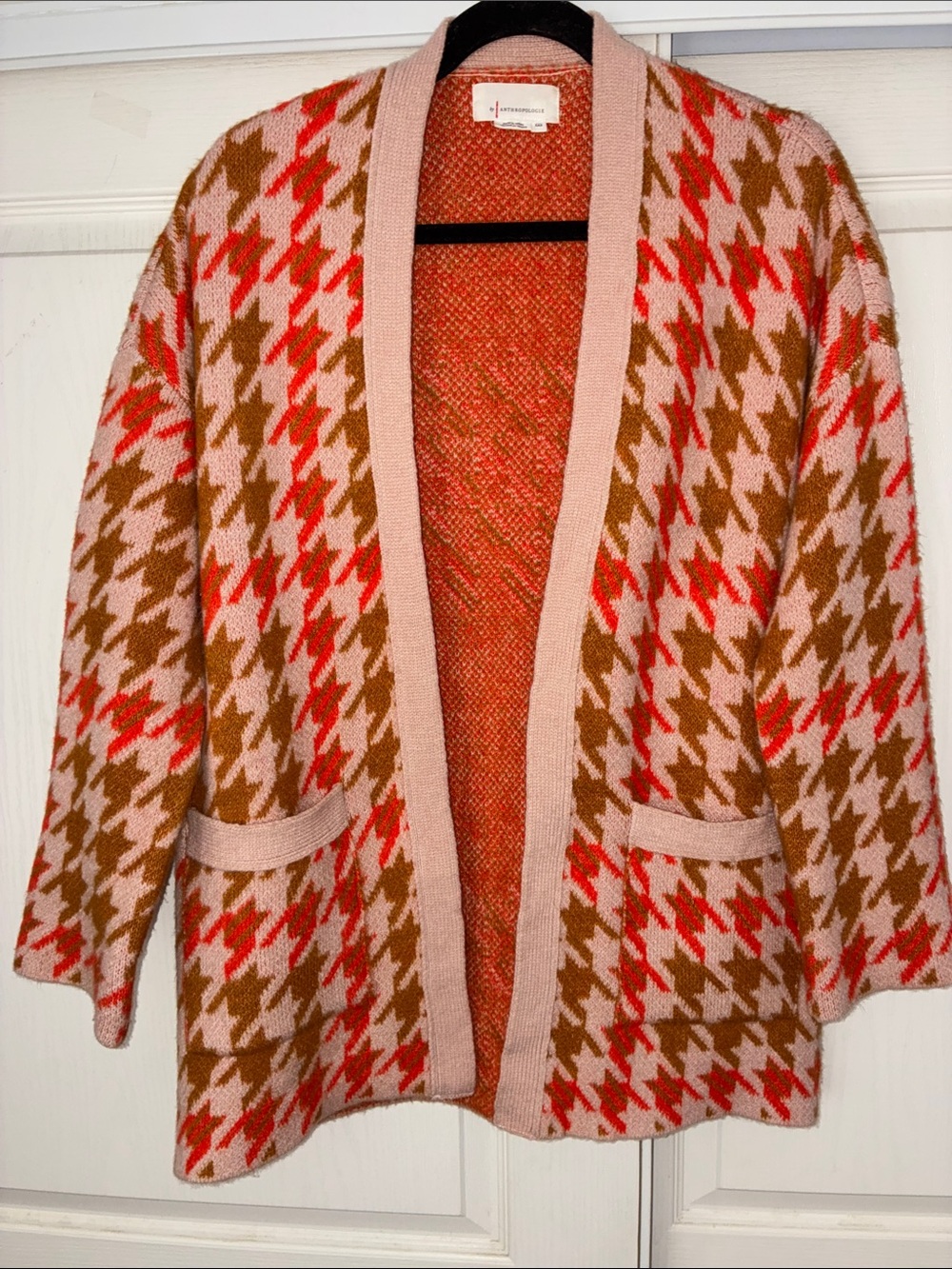 Anthropologie- Pink/ Brown Orange Houndstooth Open-Front Cardigan